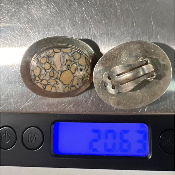 Vtg Natural Leopard Skin Jasper Cabochon Sterling Silver Clip Earrings Artisan - Picture 9 of 10